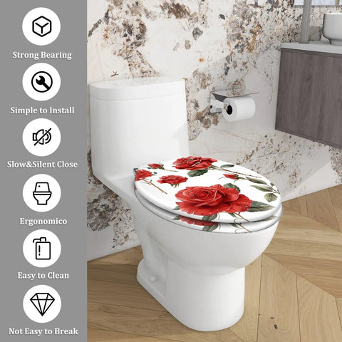 Quiet Close Elongated Toilet Seat for Bathroom with floral design, installed on a white toilet in a modern bathroom setting.