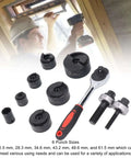 Ratchet Hole Punch Kit For Cutting Clean Burr Free Holes From Half Inch To Two Inch In Metal Plastic And Aluminum displayed with parts.