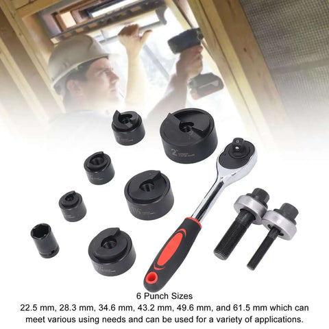 Ratchet Knockout Hole Punch Driver Kit For Pros Multifunctional Manual Ratchet Hole Cutter Tool with 6 punches displayed.
