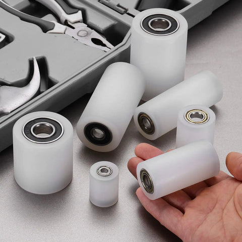 4 Pack Plastic Roller Wheels With Bearings 6mm ID 20mm OD 40mm Length Guiding Belt Idler White shown with a toolkit