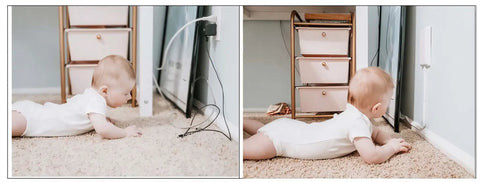 Baby crawls near No Shock Baby Proof Outlet Protector With Concealed Cords And Protective Clips 8 Foot Flat Extension Cord