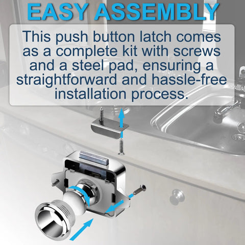 Ten Pack Keyless Push Button Cabinet Latches For RVs And Marine Use With Screws And Steel Pads Easy Assembly