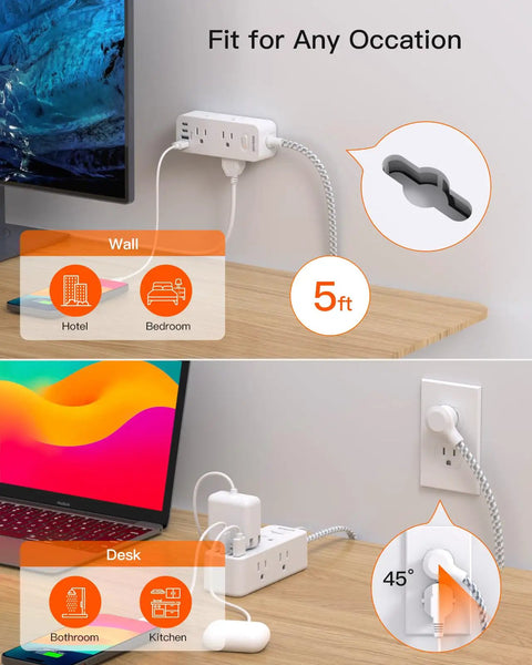 10 In 1 Power Strip With USB C And 6 Outlets, 4 USB Ports, wall-mounted and desk use in various scenarios, 5 ft cord.