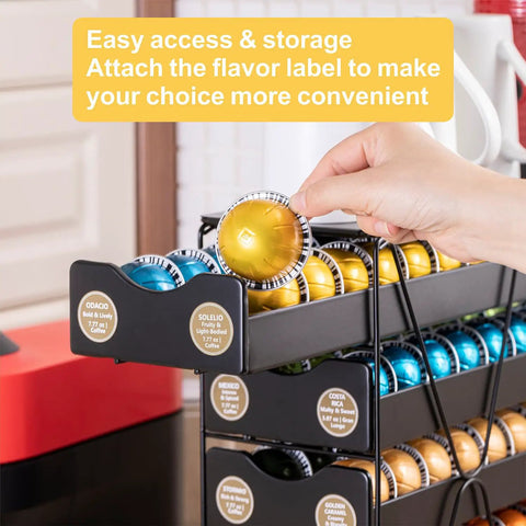 Person placing Vertuo pod into Ultra Slim 5 Point 4 Inch Wide Nespresso Pod Holder Drawer 5 Tier Multi Layer Organizer