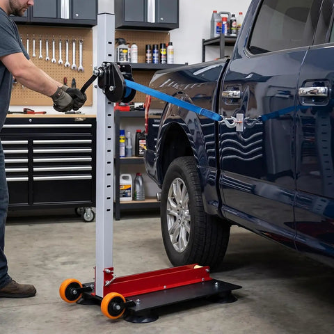 Pneumatic Car Dent Repair Puller Tool Kit With Five Strong Suction Cups in use on blue truck in garage.