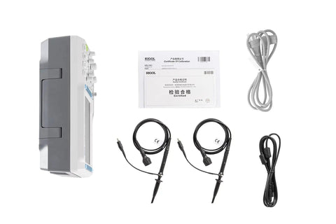 Side view of Dope Two Channel 200 MHz Digital Oscilloscope with accessories including probes, cables, and manuals.
