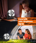 20000mAh Battery Powered Camping Fan With 58 Hours Of Runtime 400 Lumen Light next to woman indoors and couple outside tent