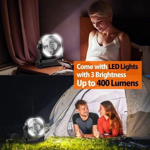 20000mAh Battery Powered Camping Fan With 58 Hours Of Runtime 400 Lumen Light next to woman indoors and couple outside tent