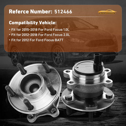 2-Piece Rear Wheel Hub And Bearing Assembly Set For 2012-2018 Focus Without Active Park Assist, 5-Lug With Magnetic ABS Encoder