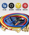 HVAC Gauges With Hoses Four Valve Manifold Set For R134A R410A R404A R22 Refrigerants, DIY Friendly Auto AC Kit, colorful hoses bundle