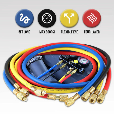 HVAC Gauges With Hoses Four Valve Manifold Set For R134A R410A R404A R22 Refrigerants, DIY Friendly Auto AC Kit, colorful hoses bundle