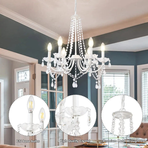 Lit White Crystal Chandelier With Six Lights For Bedroom And Dining Room Modern Elegant Candle Ceiling Light Fixture
