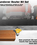 Roundover router bit set in action with industrial grade C2 carbide bit creating smooth edge on wood, demonstrating use.