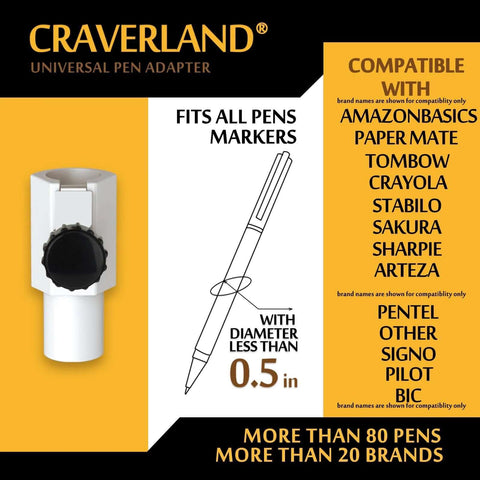 CRAVERLAND universal pen adapter, white plastic with black knob, fits pens/markers under 0.5 in diameter.