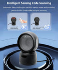 1D 2D QR Barcode Scanner with Buzzer and LED Indicator on circular base, showcasing automatic scanning and sleep mode features