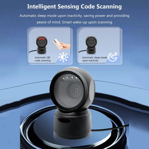 1D 2D QR Barcode Scanner with Buzzer and LED Indicator on circular base, showcasing automatic scanning and sleep mode features