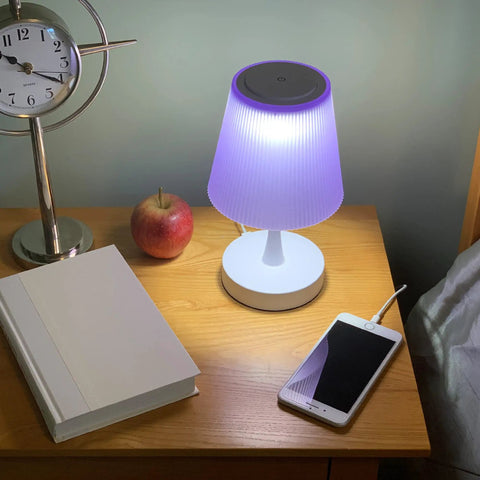 Purple Kids Table Lamp For Bedrooms And Nurseries With USB Charging Port on nightstand with book and phone charging