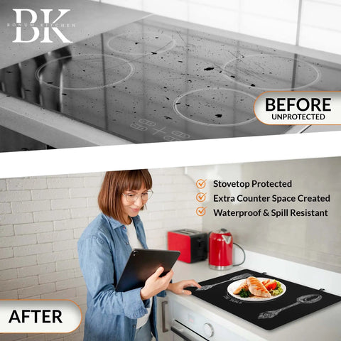Before and after using All In One Stovetop Covers For Electric Stoves With Gap And Oven Handle Covers Glass Stovetop Protector