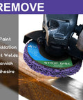 WelderElite 4-1/2-inch purple strip disc on angle grinder removing paint and rust from metal surface