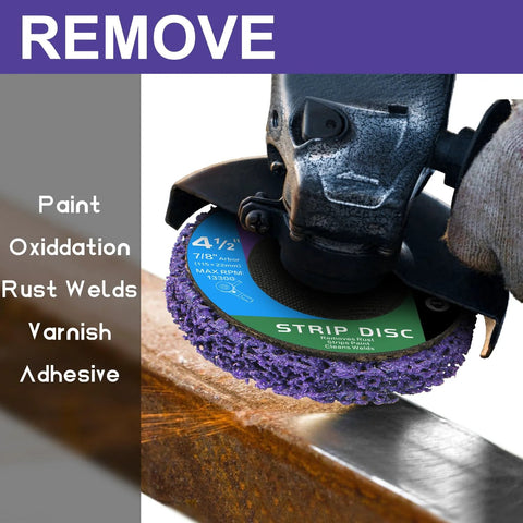 WelderElite 4-1/2-inch purple strip disc on angle grinder removing paint and rust from metal surface