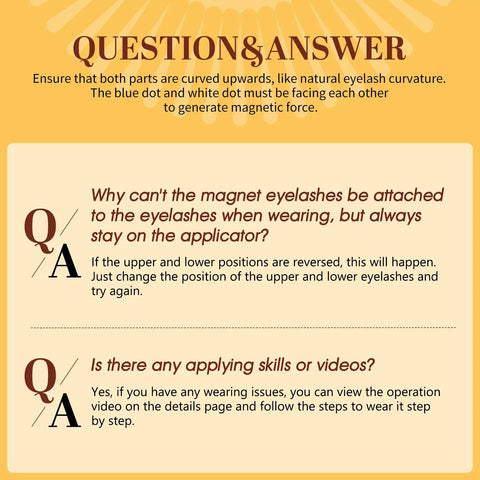 Q&A guide on Magnetic Eyelashes Kit With 2 Pairs And Reusable Lash Clusters, Magnetic Applicator, No Glue Needed, text instructions