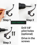 Step-by-step installation guide for Old School Cast Iron Wall Hooks Solid Five Pack, showing drilling pilot holes and driving screws.