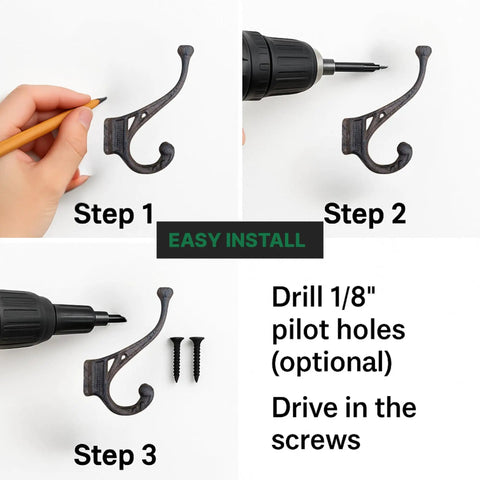 Step-by-step installation guide for Old School Cast Iron Wall Hooks Solid Five Pack, showing drilling pilot holes and driving screws.