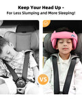 Comparison of Kids Car Seat Head Support Band For Safe Travel on child sleeping in pink cartoon pattern headrest vs without
