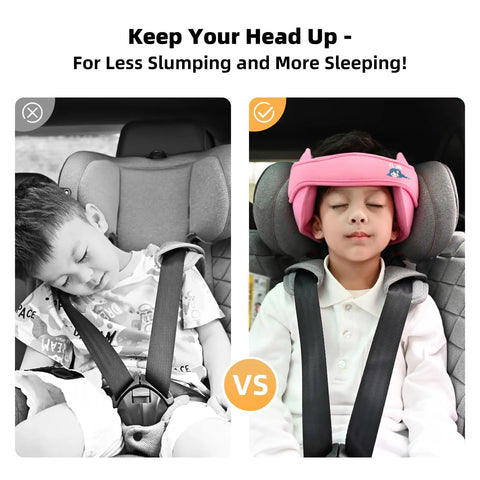 Comparison of Kids Car Seat Head Support Band For Safe Travel on child sleeping in pink cartoon pattern headrest vs without