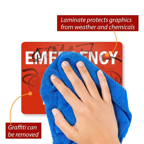 Cleaning graffiti from an Emergency Stop Button Label With Reflective Laminated Vinyl, 7 By 5 Inches, durable outdoor signage