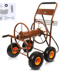 Heavy Duty Freestanding Hose Reel Cart With Four Wheels That Holds 300 Feet Of 5/8 Inch Hose Includes 6.5 Foot Leader Hose No Kink Brass Connector