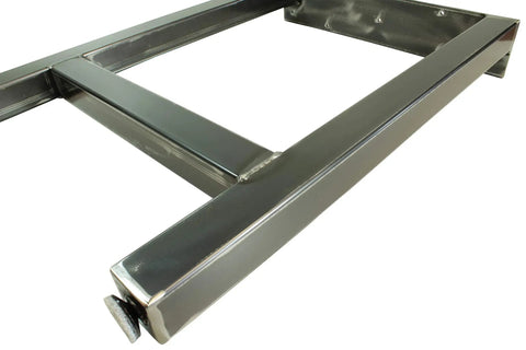 Close-up of Rustic Industrial Style Metal Table Legs With H Style Frame Adjustable Leveling Feet Made In USA Built To Last Heavy Duty