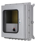 Explosion-proof outdoor electrical box, gray metal enclosure with hinged cover and internal mounting panel (60x70x22 cm).