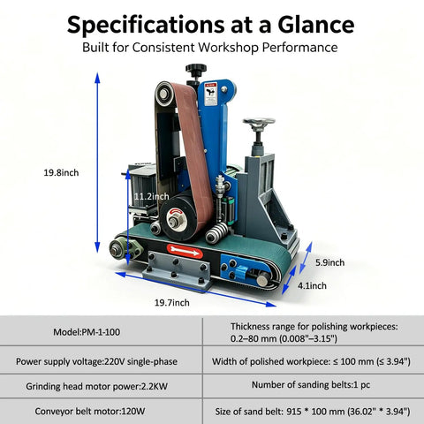Beast Mode Belt Grinder 2.2Kw 9 Speed Benchtop Polisher with specifications, includes dimensions and power details.