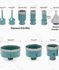Front view: diamond drill bit set with turquoise storage box; core sizes 6mm-100mm and 50mm chamfer bit