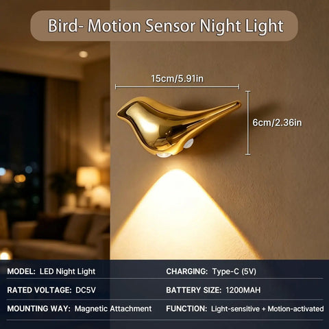 Super Sleek Bird Motion Sensor Wall Light With Heavy Duty Rechargeable Battery 2 Pack mounted on a wall with golden finish.