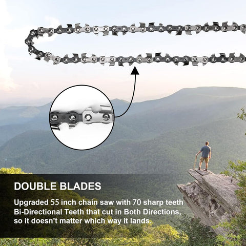 55 Inch High Limb Rope Saw With Dual Ropes And 70 Teeth On Both Sides, cutting chain detail with scenic background.