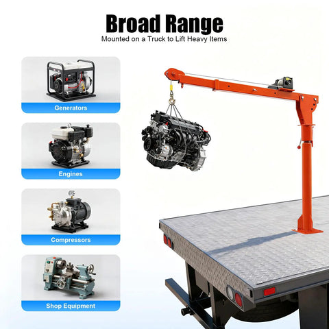 Heavy Duty Truck Mounted Crane Hoist With 1100 Lb Capacity And 12 Volt Electric Winch lifting engine on pickup truck bed.