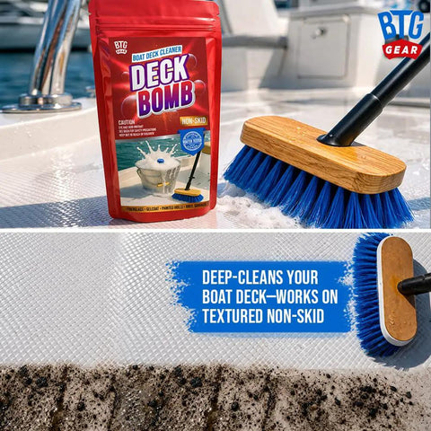 Marine Deck Cleaner Tablets That Make Six Gallons, Non Skid Boat Deck Wash, Lifts Dirt And Stains With Easy No Mess Tablet Formula, Drop In Water To Create Ready To Use Boat Cleaner packaging and scrub brush on deck surface.