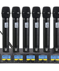 Front view of MX66 6 Channel UHF Wireless Microphone System With Six Handheld Mics For Parties Weddings Church Conferences And Speeches
