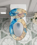 Elongated Toilet Seat Quiet Close for Home Bathroom Replacement with blue and beige marbled design on top of toilet.