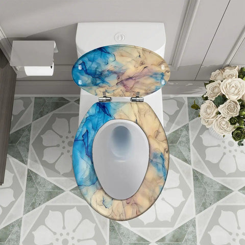 Elongated Toilet Seat Quiet Close for Home Bathroom Replacement with blue and beige marbled design on top of toilet.
