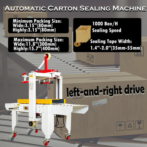HayWHNKN Automatic Carton Sealer Box Taping Machine For Industrial Warehouse Packaging With Durable Conveyor 3.15 To 11.8 Inch Width And 180 Watts 110 Volt, with conveyor and sealing specifications.