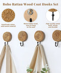 Four Pack Boho Rattan Wall Hooks Set With Distressed Wood Frames, handwoven round rattan panels in a vintage farmhouse style