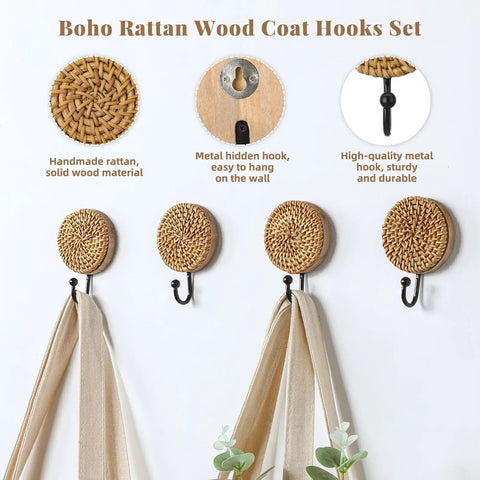 Four Pack Boho Rattan Wall Hooks Set With Distressed Wood Frames, handwoven round rattan panels in a vintage farmhouse style