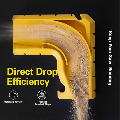 Dust Extraction Adapter For Table Saws 2.05 Inch Fit Snaps On 52mm Dust Ports And 2 Inch Vacuum Hoses Compatible With Dewalt Ryobi Craftsman And Skil Saws Snap On Sawdust Collector Accessory shown pouring sawdust efficiently through a yellow curved design to prevent clogs and optimize airflow.