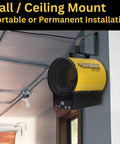 Heavy Duty 240V Electric Forced Air Heater With Wireless Remote Control 12800 BTU Portable Garage Workshop Space Warmer mounted on wall.
