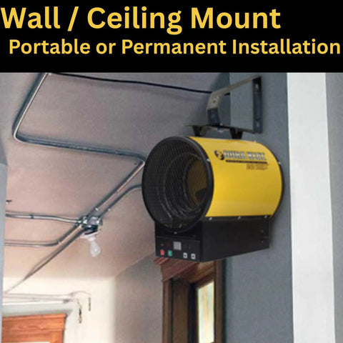 Heavy Duty 240V Electric Forced Air Heater With Wireless Remote Control 12800 BTU Portable Garage Workshop Space Warmer mounted on wall.