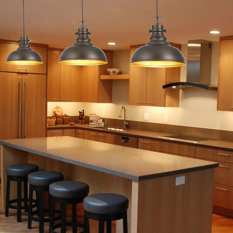 Farmhouse Pendant Lights Set For Kitchen Island Adjustable Rustic Industrial Hanging Lamps In Oil Rubbed Bronze Finish Vintage Gold Inner Shade For A Cool Dining Room Kitchen Bar Vibe Two Pack over kitchen island