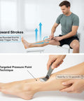 Man using Stainless Steel Gua Sha Muscle Scraper Tool For Deep Tissue Release And Fascia Work on leg, focused on pressure point technique.